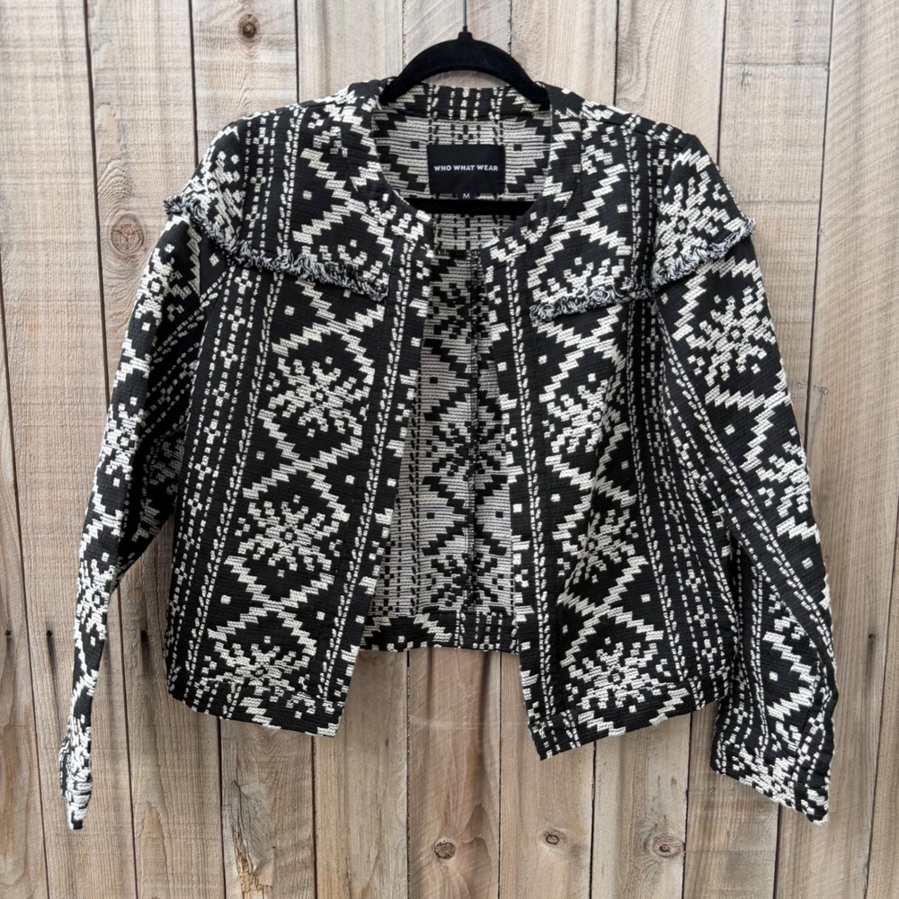 Who What Wear Size M Geometric Jacquard Fringe Jacket Boho Western Indie Retro